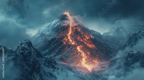 Volcanic mountain peak with fiery lava flow in AI Generative.