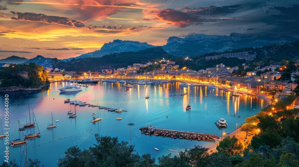 Port de Soller during sunset. Beautiful dusk at travel destination in Mallorca, Spain. Illuminated old town of the Balearic Islands