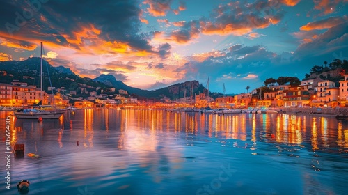 Port de Soller during sunset. Beautiful dusk at travel destination in Mallorca, Spain. Illuminated old town of the Balearic Islands