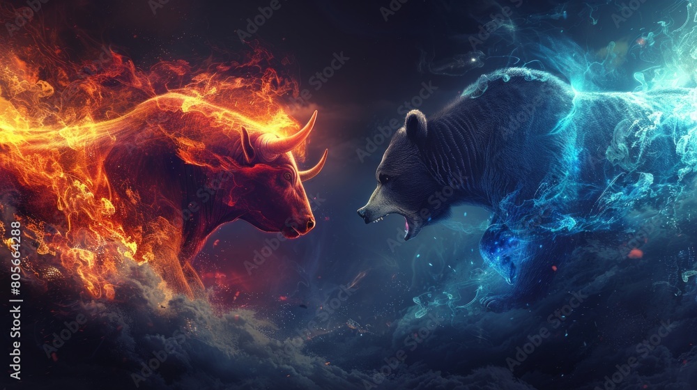 custom made wallpaper toronto digitalAn epic clash between a fiery bull and an icy bear, symbolizing market volatility in a dynamic, abstract style. This digital artwork captures the essence of stock market battles. AI Generative.