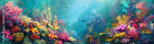 Capture the ethereal beauty of coral reefs in a traditional acrylic painting  using impressionistic brush strokes to convey the colorful underwater world