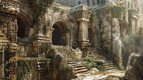 Capture the intricate details of ancient ruins in a photorealistic digital rendering  showcasing the weathered textures and unique architectural elements
