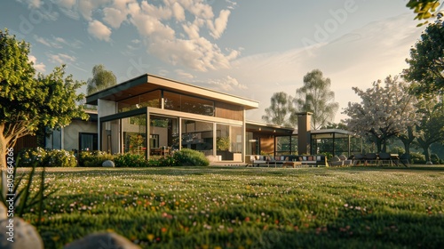 Serene garden and modern home with large windows in a suburban setting, visualized by AI Generative.