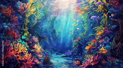 Dive into a mesmerizing underwater world with a wide-angle view, showcasing vibrant, flowing kelp forests and colorful coral reefs, all done in a dreamy, Impressionism art style © Nawarit