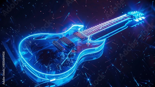 Electric guitar illuminated with blue neon in a dramatic musical composition, AI Generative.