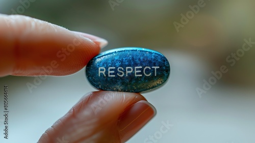 Respect Engraved on Blue Pill Held by Fingers photo