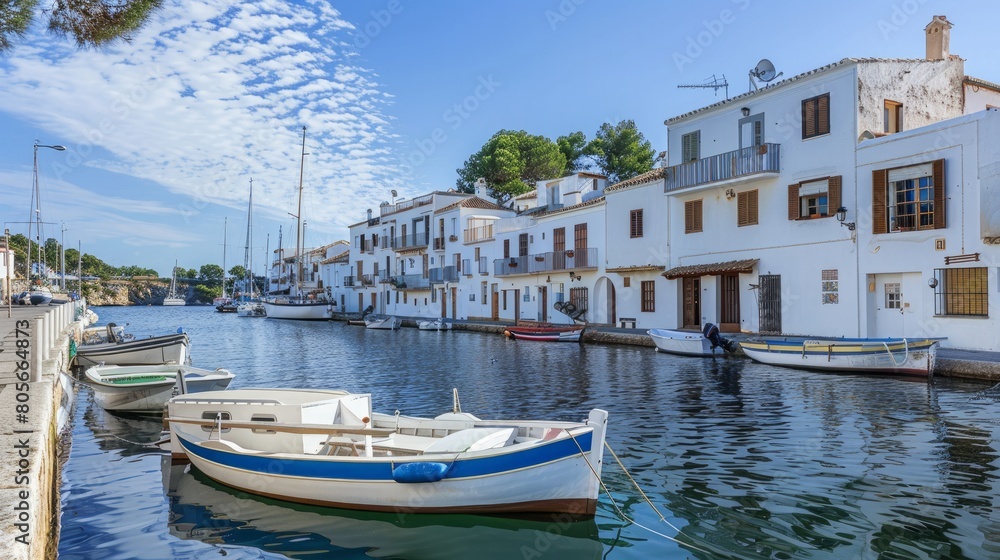 White houses with traditional boats in the port of Cala Figuera