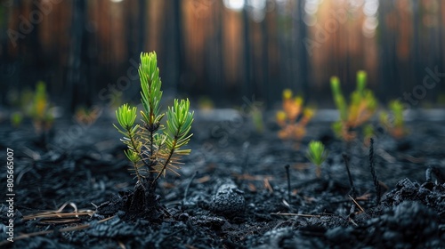 Young pine seedlings growing in a forest recovering from wildfire