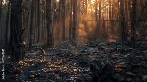 Young shoot rising from the ashes in a forest after a fire