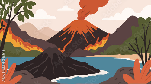 Volcanic Mountain and Mountain Lake - Dramatic Landscape Illustration of Lush Mountainous Terrain. Vector EPS 10.