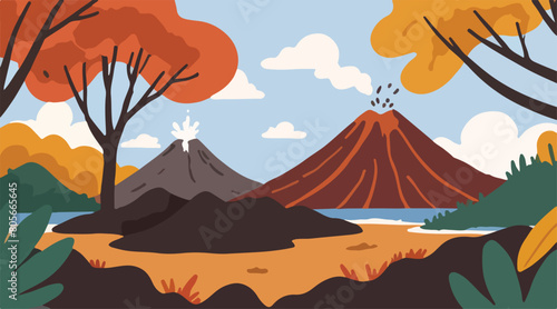Volcanic Mountain and Mountain Lake - Dramatic Landscape Illustration of Lush Mountainous Terrain. Vector EPS 10.