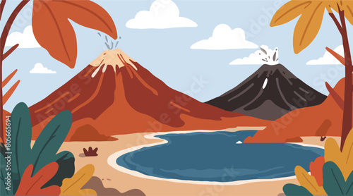 Volcanic Mountain and Mountain Lake - Dramatic Landscape Illustration of Lush Mountainous Terrain. Vector EPS 10.
