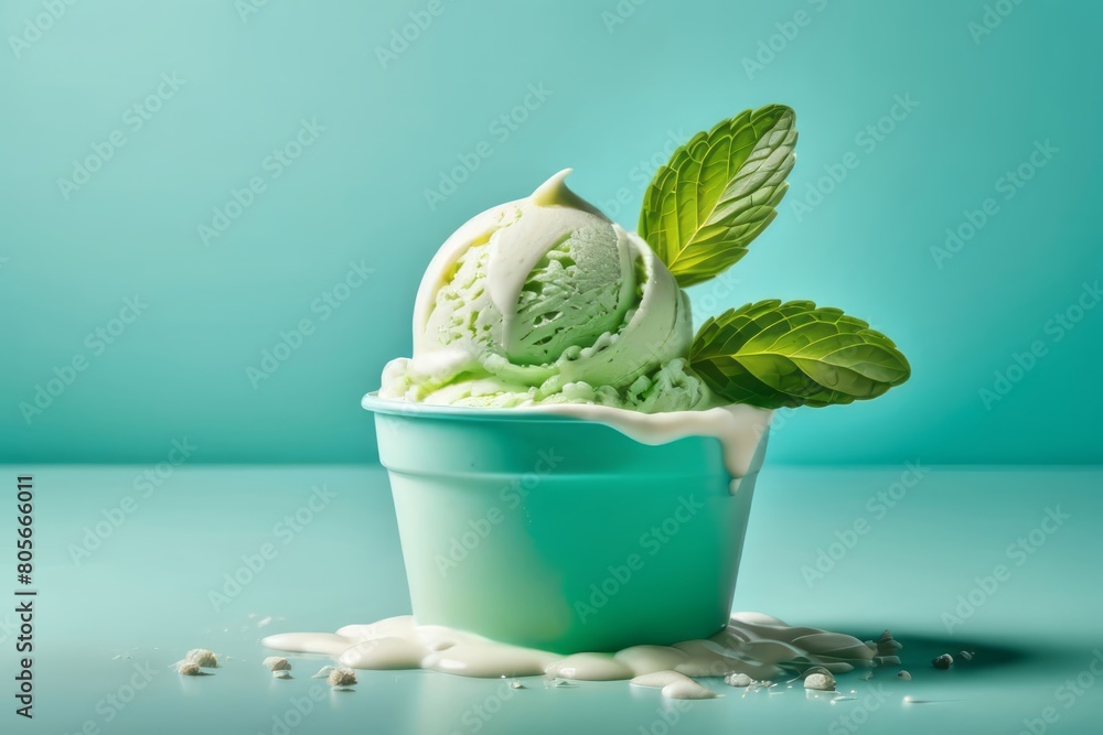 Mint ice cream with pepermint in a bowl. Creme brulee on a blue background. Summer dessert. Banner with copy space, place for text Mint ice cream with pepermint in a bowl. Creme brulee on a blue background. Summer dessert. Banner with copy space, place for text