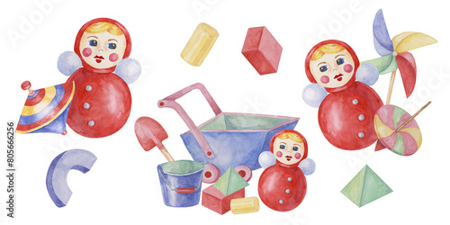 Humming top, spinning top, humming top wheelbarrow, pinwheel and roly poly tumbler doll clipart set. Retro balance play object and pull cart kids watercolor for baby shower, birthday postcard, nursery photo