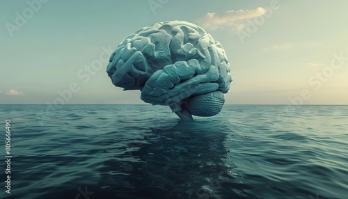 A surreal brainshaped iceberg floating in the ocean, with its hidden depths symbolizing untapped ideas photo