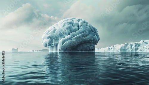 A surreal brainshaped iceberg floating in the ocean, with its hidden depths symbolizing untapped ideas photo