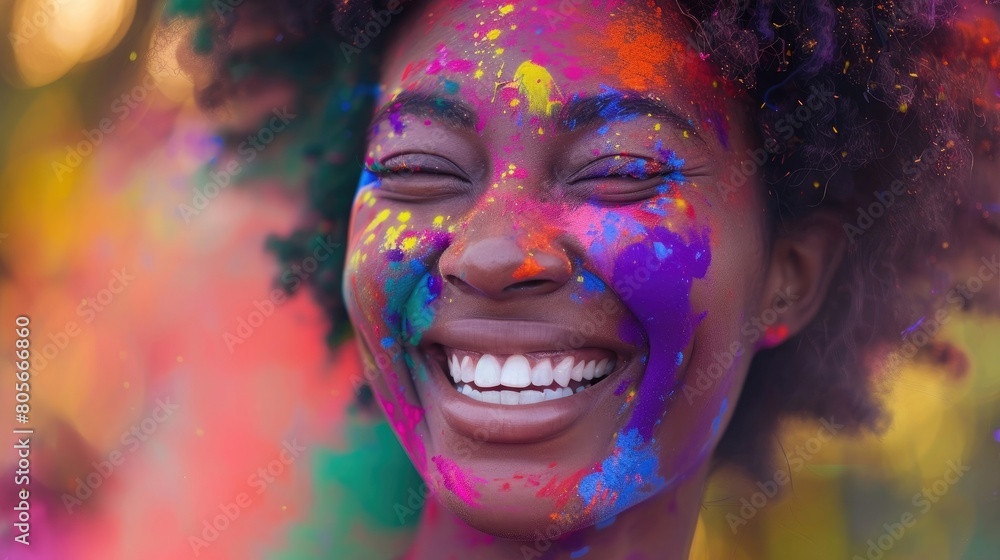 Portrait of Joy and Color african American woman with holi colors on her face and smiling