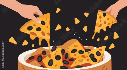 Tempting Vector Illustration of Cheesy Tortilla Nachos. Delicious Nachos Food with Melted Cheese Sauce. EPS 10.