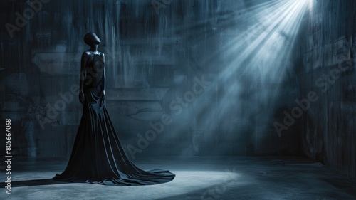Mysterious figure in elegant long dress stands dimly lit room with rays of light