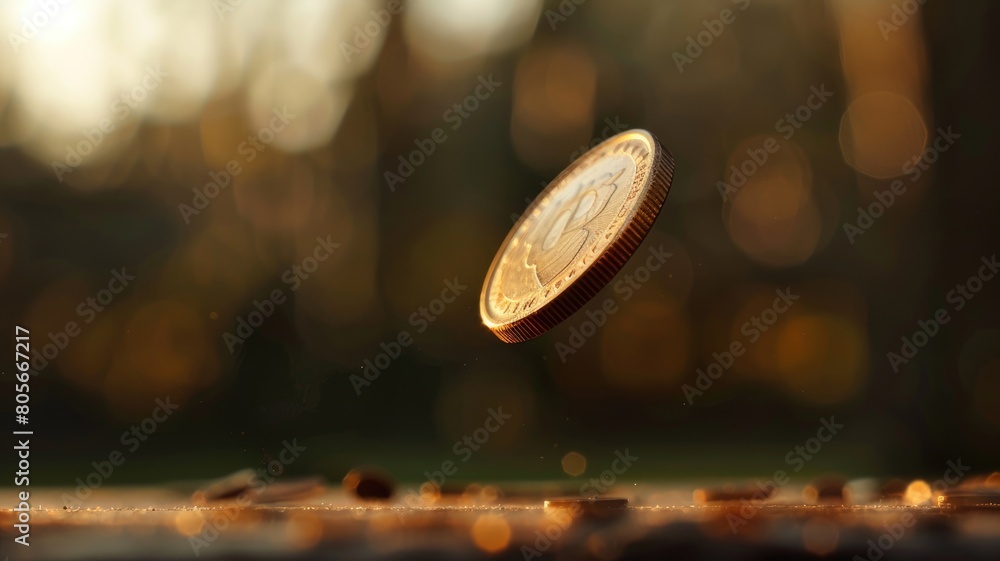 Coin spinning mid-air with vibrant blurred background Coin spinning mid-air with vibrant blurred background