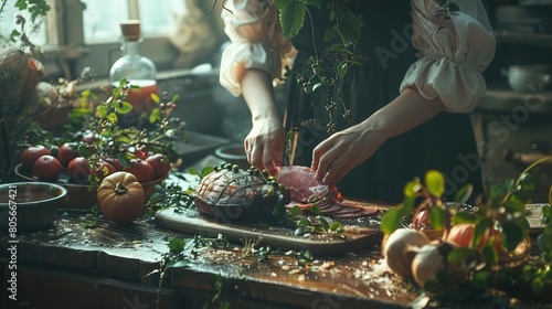 A photo of a person preparing food in a kitchen. The person is wearing a white shirt and there are many ingredients and a knife on the table. photo