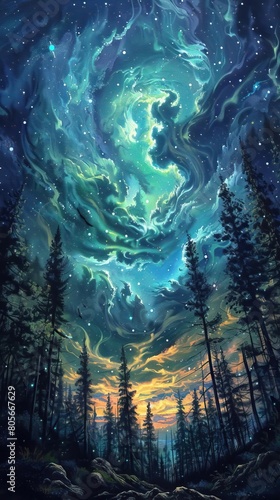 The fantastic landscape with a view of the starry sky  the radiance of the aurora borealis and the silhouettes of coniferous trees against the background of the night forest.