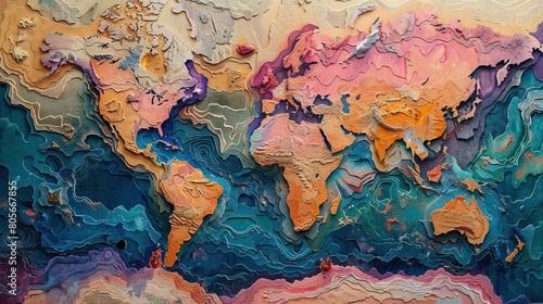 colorful world map. The continents are painted in different colors and the oceans are a deep blue.