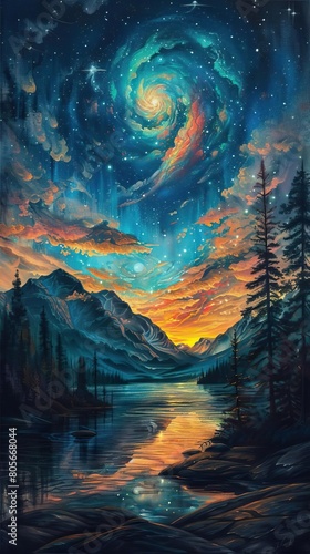 The stunning painting captures a tranquil scene of a lake and mountains under a mesmerizing starry night sky