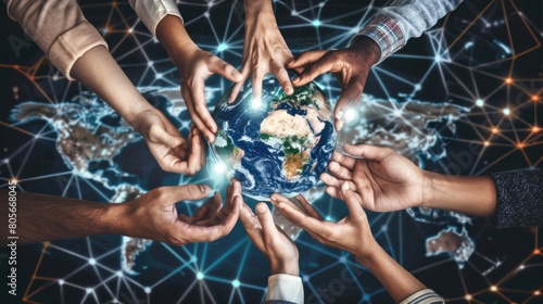 A group of diverse hands holding up a globe, symbolizing global solidarity and cooperation in addressing pressing issues such as poverty and inequality photo