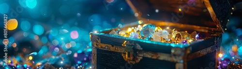 A treasure chest brimming with sparkling gemstones lies in an artificial intelligenceguarded bunker, colorful strange bizarre sharpen blur background with copy space photo