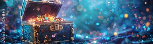 A treasure chest brimming with sparkling gemstones lies in an artificial intelligenceguarded bunker, colorful strange bizarre sharpen blur background with copy space photo