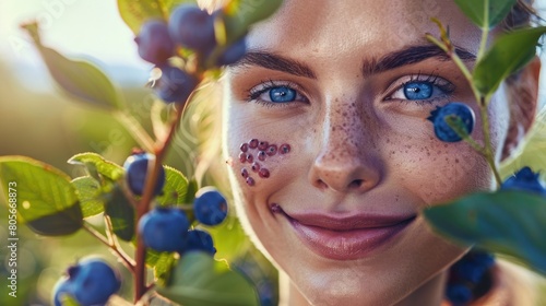 A woman with freckles is smiling in a field of electric blueberries, her nose wrinkled in happiness as she picks the fruit. Her eyelashes flutter with joy, jawline sharp in a gesture of contentment photo