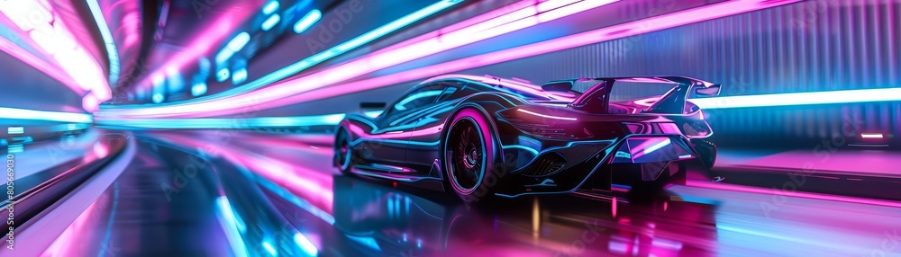 An electric sports car races through a scifi tunnel, its surface reflecting shiny neon lights, colorful strange bizarre sharpen blur background with copy space An electric sports car races through a scifi tunnel, its surface reflecting shiny neon lights, colorful strange bizarre sharpen blur background with copy space