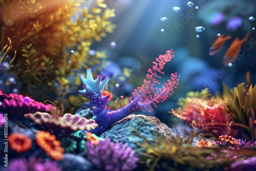 An artists digital backdrop displays a hyperrealistic marine habitat