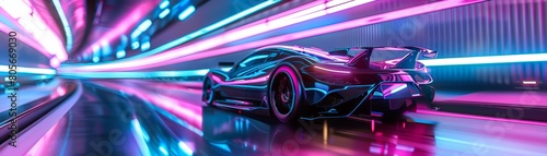 An electric sports car races through a scifi tunnel, its surface reflecting shiny neon lights, colorful strange bizarre sharpen blur background with copy space