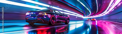 An electric sports car races through a scifi tunnel, its surface reflecting shiny neon lights, colorful strange bizarre sharpen blur background with copy space photo