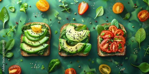 Three slices of bread with avocado, tomatoes and spinach on a vibrant green background, top view