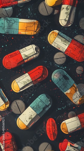 Produce a captivating digital artwork capturing an aerial perspective of a collection of capsules