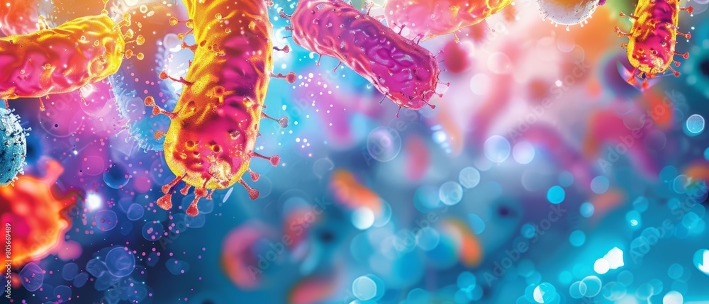 Dive into the depth of microbiology with this vibrant illustration of probiotics bacteria under the microscope, Sharpen banner template with copy space on center Dive into the depth of microbiology with this vibrant illustration of probiotics bacteria under the microscope, Sharpen banner template with copy space on center
