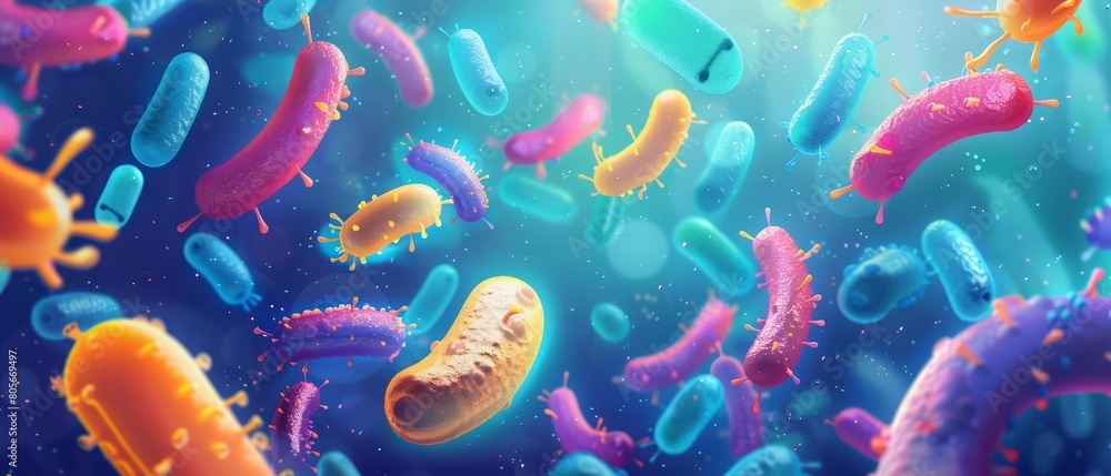 Fototapeta premium Dive into the depth of microbiology with this vibrant illustration of probiotics bacteria under the microscope, Sharpen banner template with copy space on center