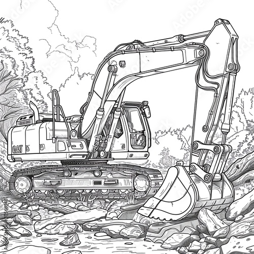 Design a dynamic frontal perspective of an excavator in a lively setting Add intricate shading to highlight its structure