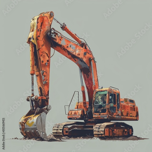 Illustrate a photorealistic frontal view of an excavator in a bold