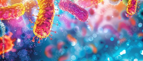 Dive into the depth of microbiology with this vibrant illustration of probiotics bacteria under the microscope, Sharpen banner template with copy space on center
