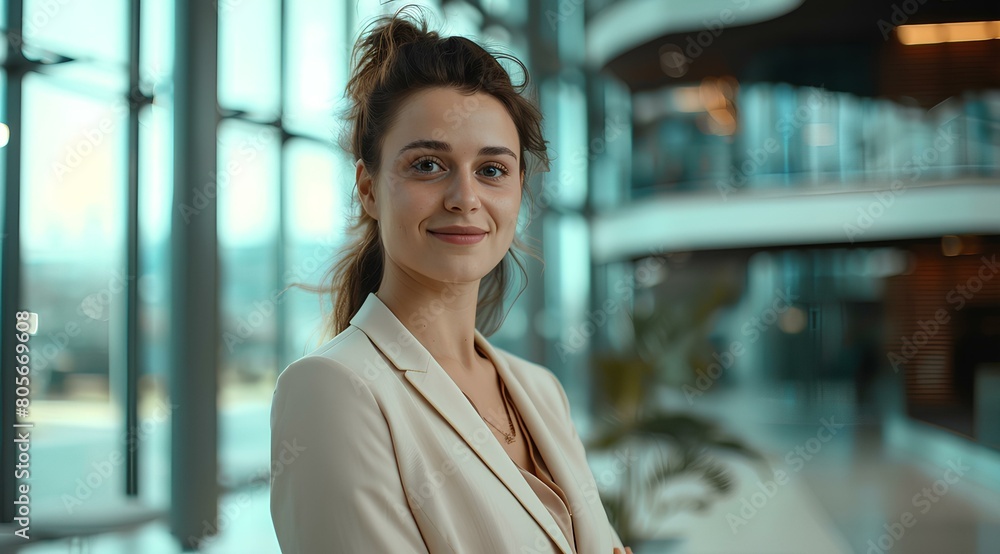 an elegant business woman with a slight smile standing at the office in a modern building. generative AI an elegant business woman with a slight smile standing at the office in a modern building. generative AI