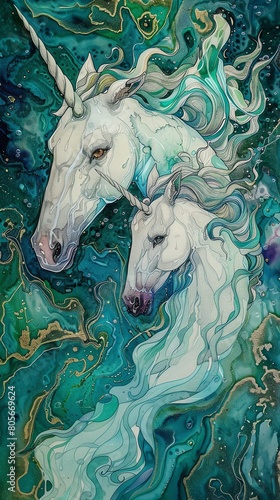 Capture the majestic elegance of two unicorns in a serene, aerial view setting Utilize vibrant colors reminiscent of a watercolor painting to bring out their magical essence