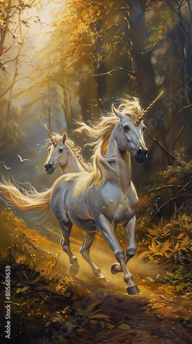 Paint a mesmerizing oil portrait of two graceful unicorns frolicking in a sun-dappled meadow The intricate details in their flowing manes and glistening horns evoke a sense of wond