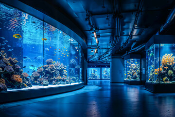 Modern aquarium museum zoo interior design, tropical fish tank, architecture