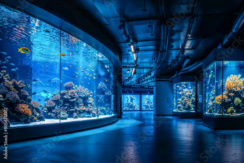 Modern aquarium museum zoo interior design, tropical fish tank, architecture