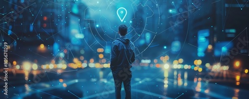 The concept of transformation and digitization is vividly captured as a young entrepreneur stands before a digital display showing a futuristic map pin location AI technology © JK_kyoto