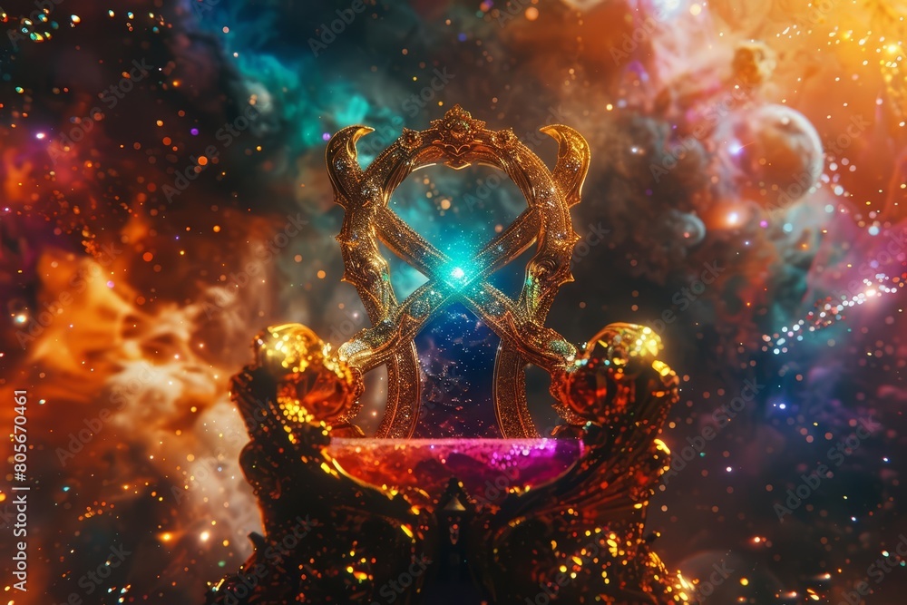 The throne of an Eternal Voyager is adorned with an infinity symbol made of rare jewels, colorful strange bizarre sharpen blur background with copy space The throne of an Eternal Voyager is adorned with an infinity symbol made of rare jewels, colorful strange bizarre sharpen blur background with copy space